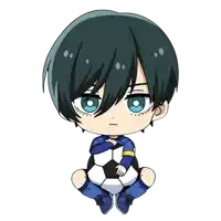 a cartoon of a boy with blue eyes sitting on a soccer ball