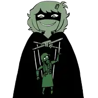 a cartoon drawing of a girl holding a green puppet