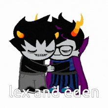 a couple of trolls hugging each other with the words lex and eden below them