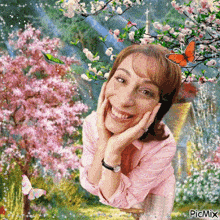 a woman in a pink shirt is smiling in front of a cherry blossom tree with butterflies flying around her