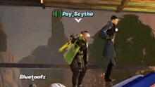 a man in a green cape is standing next to another man in a video game .