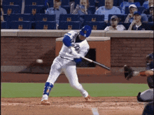 a baseball player swings his bat at a ball in front of a wall with ny on it