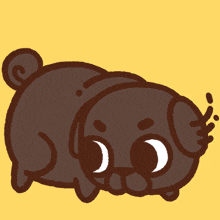 a cartoon drawing of a black pug dog with a yellow background