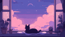 a cat sits on a window sill looking out at a purple sky