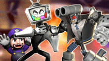 a cartoon character with a television on his head is standing next to a robot