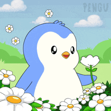 a blue and white penguin is surrounded by daisies and the word pengu is on the bottom