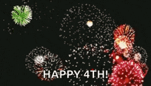 a bunch of fireworks are flying in the sky and the words `` happy 4th '' are written on the bottom .