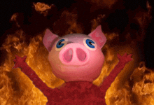 a pink pig with blue eyes is in front of a fire background