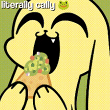 a cartoon character is eating a taco with a frog on his head and the words literally cally below it