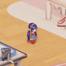 a cartoon girl with blue hair is standing on a wooden floor in a room