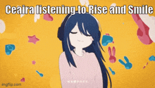 a cartoon of a girl wearing headphones with the words ceaira listening to rise and smile above her