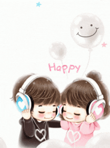 a boy and a girl wearing headphones and a balloon with the word happy on it