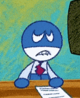 a cartoon character is sitting at a desk with a piece of paper