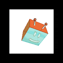 a cartoon drawing of a cube with a smiling face on it