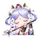 a girl with blue hair and flowers is holding a stick in her hand .