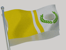 a yellow and white flag with a wreath on it