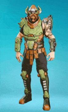 a man with a beard is wearing a green and orange armor