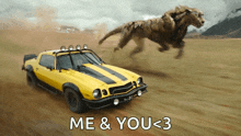 a yellow car with the words me & you < 3 on the bottom
