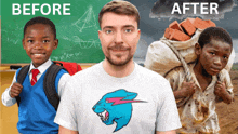 a man wearing a t-shirt with a lion on it stands in front of two children