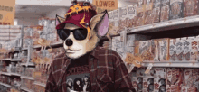 a dog wearing sunglasses and a hat is standing in front of a sign that says ' lower '