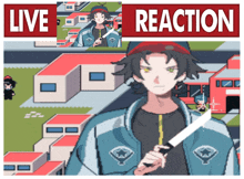 a pixel art of a man holding a knife with the words live reaction behind him