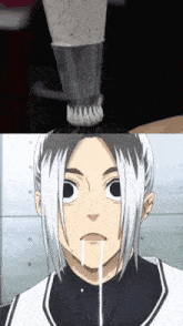a close up of a person 's face next to a close up of a person 's head with ice cream on it