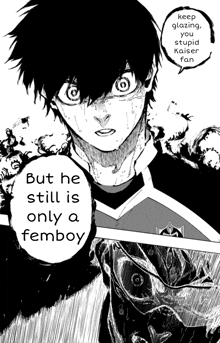 a black and white drawing of a person with the words but he still is only a femboy