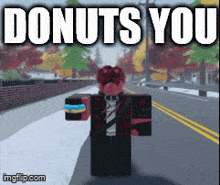 a video game character holding a donut with the words donuts you
