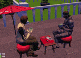 a video game shows two people sitting at a table with a 100 score