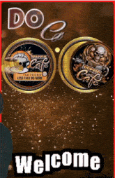 a welcome sign for doppio cafe with two coins on it
