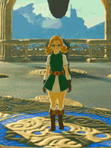 a girl in a green dress and brown boots is standing in front of a balcony