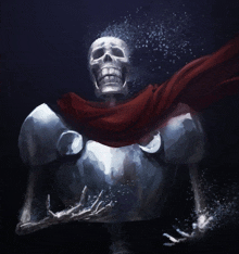 a skeleton in armor with a red scarf around its neck