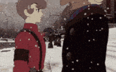 a couple of cartoon characters standing in the snow