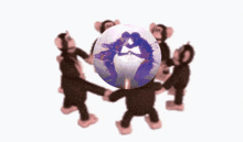 a group of monkeys dancing around a sphere with a picture of a couple kissing on it
