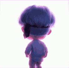 a doll with blue hair is standing in front of a white background