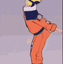 a cartoon character is standing on one leg and looking at something .