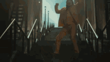 a man in a suit is dancing on a set of stairs