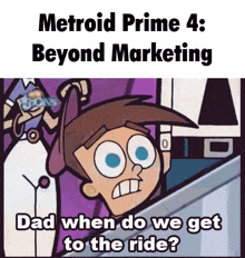 a cartoon of a man asking " dad when do we get to the ride "