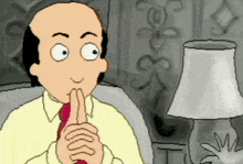 a cartoon of a man sitting in front of a lamp with his hands together