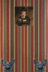 a painting of a man in a top hat is behind two gargoyles holding candles
