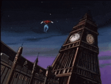 a superhero is jumping in front of a clock tower