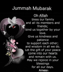 a jummah mubarak greeting card with hearts and doves