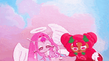 a cookie run angel and a cookie run strawberry cookie are standing next to each other .