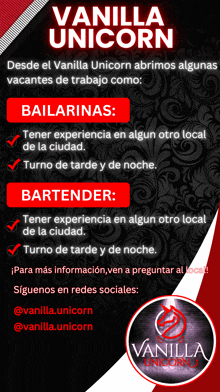 a flyer for vanilla unicorn advertises positions such as bailarinas and bartender