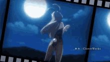 a girl in a bunny suit is dancing in front of the moon