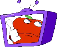 a pixel art drawing of a purple tv with an apple on it