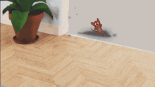 a cartoon character named jerry is running in a room next to a dresser