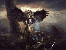 a painting of a woman with wings standing next to a man with a sword and shield .