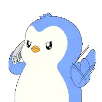 a blue and white penguin is talking on a cellphone