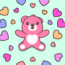 a pink teddy bear is surrounded by pink and blue hearts